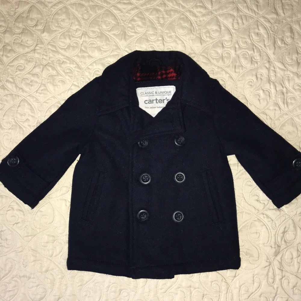 Double breasted navy blue pea coat boys 12 months